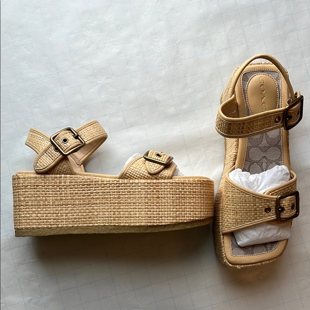 Coach Women's Naomi Flatform Raffia Buckle Tan Platform Sandals